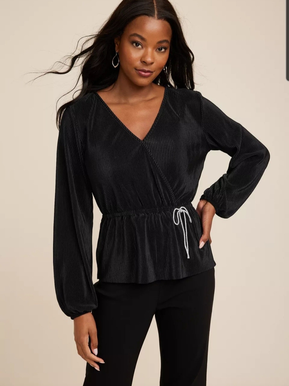 Maurices Black Plisse Faux Long Sleeve Peplum Top
